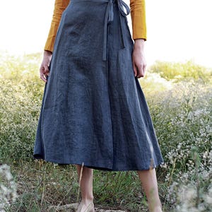 Linen wrap skirt FRIDA, Calf length linen skirt, A line wrap skirt, Charcoal linen skirt, Long linen skirt for woman image 2