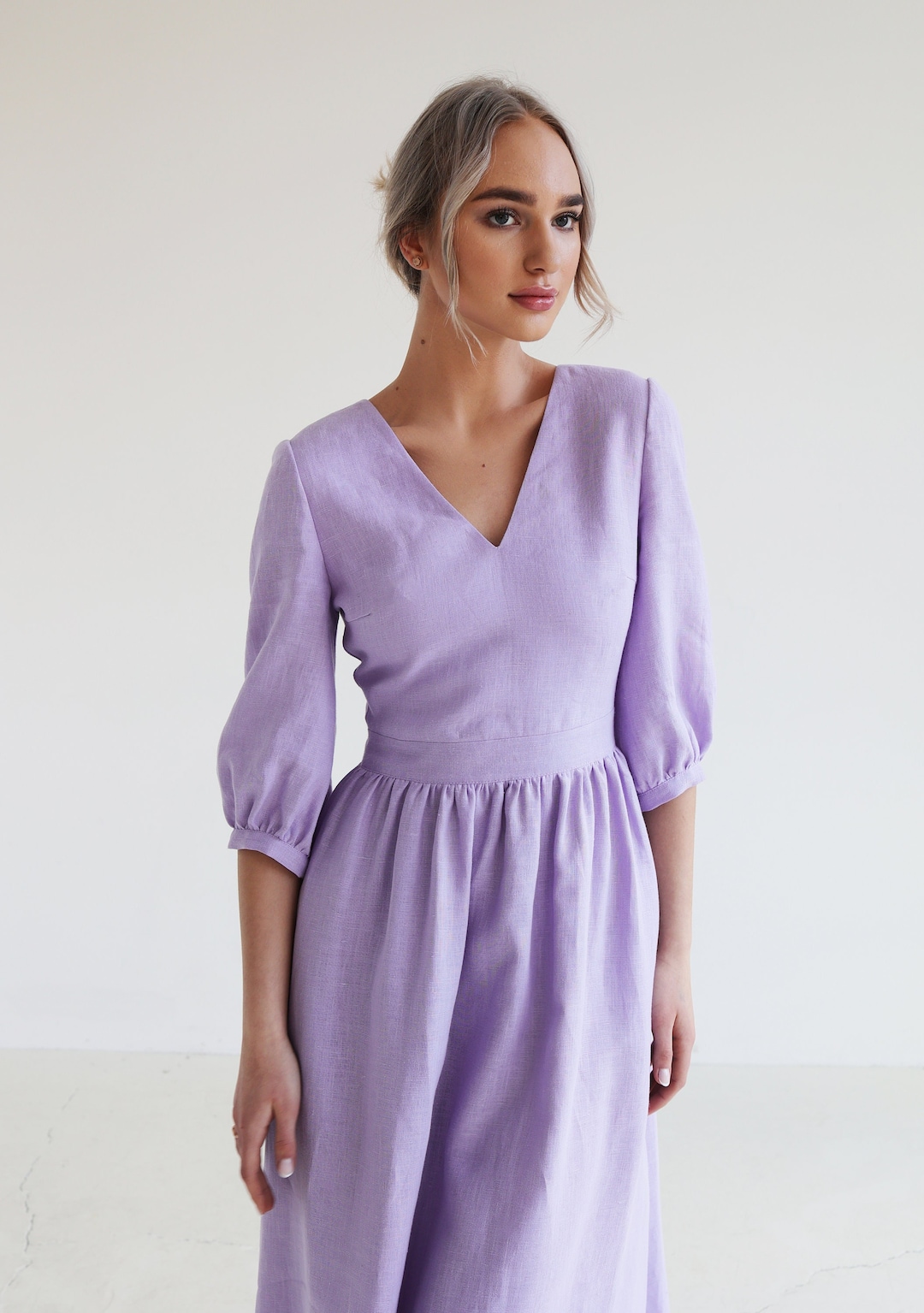 MDS Women Ruffle Trim Linen Dress with Puff Sleeves - Camel - Overland Park main image 1