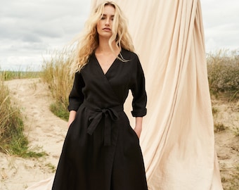 Long linen wrap dress THALIA, Elbow sleeves linen dress in black, Below the knee length linen dress with kimono sleeves, A line linen dress