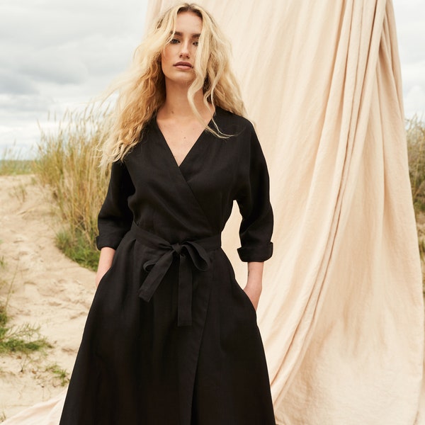 Long linen wrap dress THALIA, Elbow sleeves linen dress in black, Below the knee length linen dress with kimono sleeves, A line linen dress