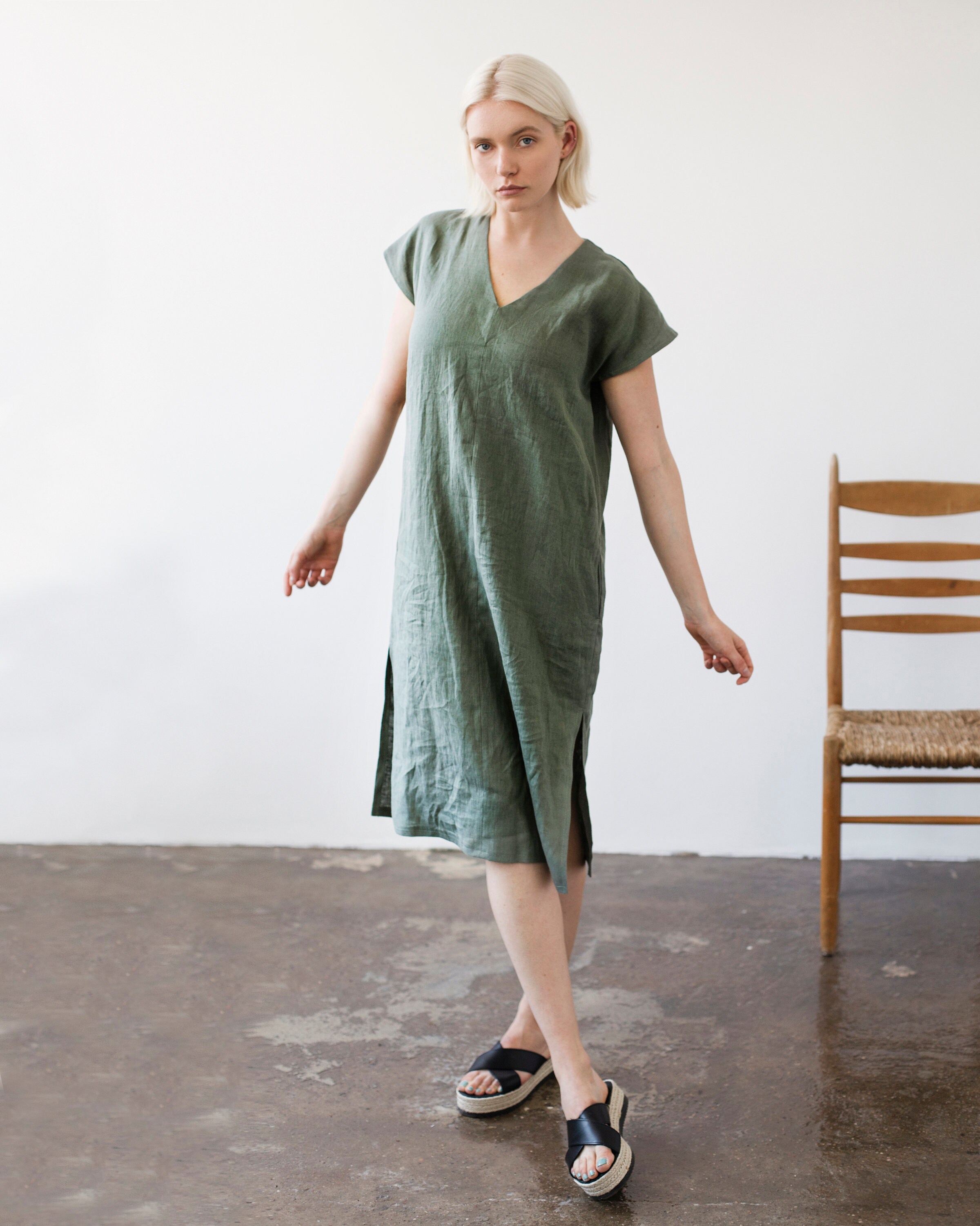 Linen V Neck Dress CORDELIA Moss Green Linen Tunic Dress - Etsy