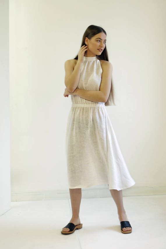 high neck linen dress