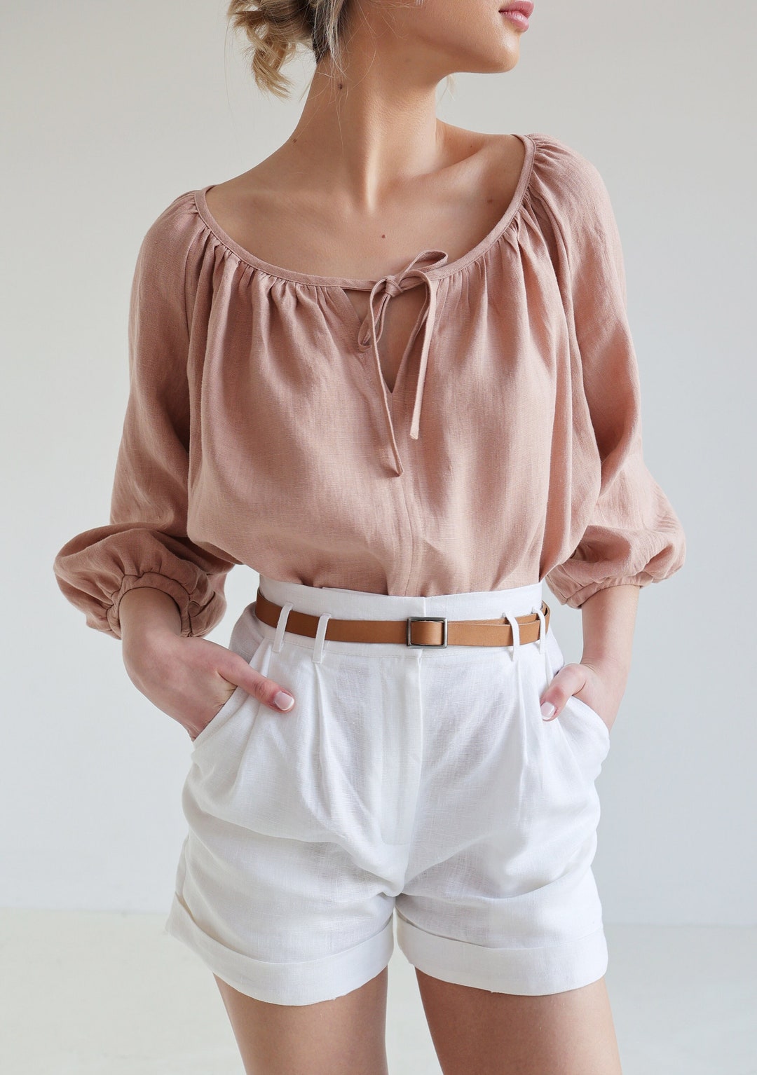 Scoop Neck Linen Top BLOOM, Elbow Sleeves Linen Top, Linen Blouse With ...