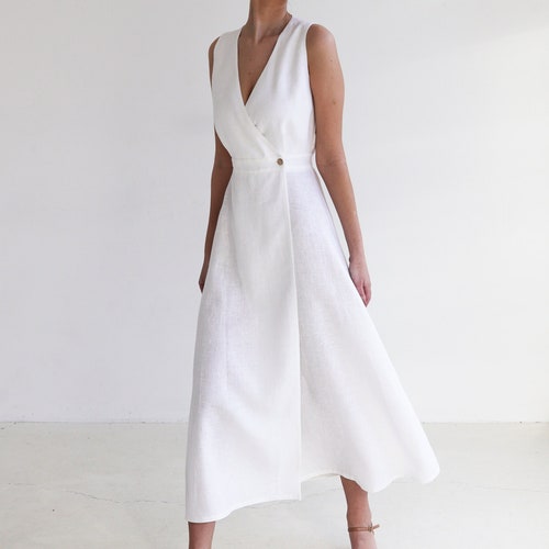 Linen maxi dress RIVIERA, Long sleeveless dress, White linen wrap dress, Wrap dress, Linen dress , Summer dress, Natural linen dress