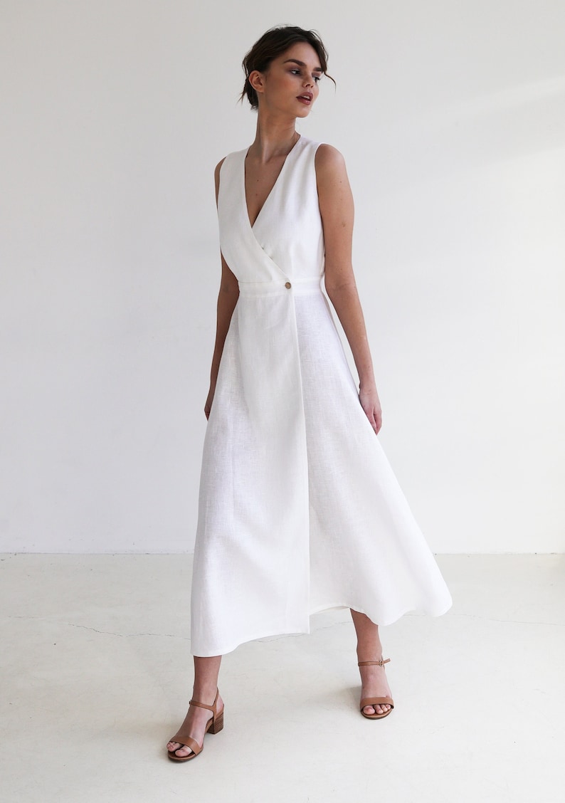 Robe maxi en lin RIVIERA, Robe longue sans manches, Robe portefeuille en lin blanc, Robe portefeuille, Robe en lin, Robe d'été, Robe en lin naturel image 1