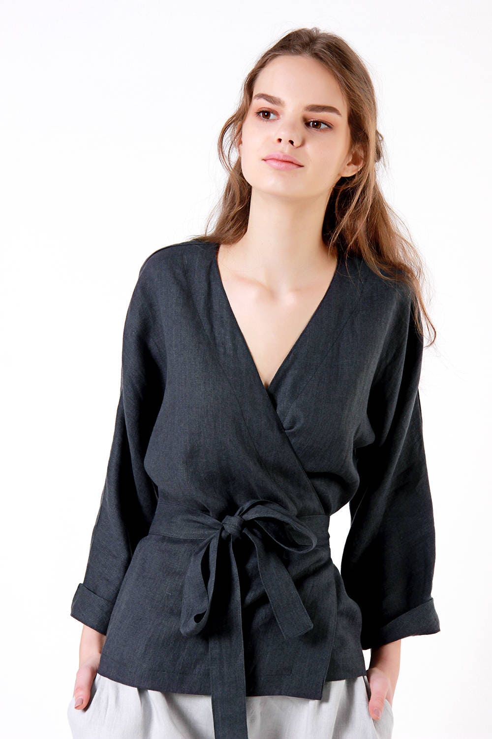Linen Blouse ROMA Charcoal Linen Wrap 