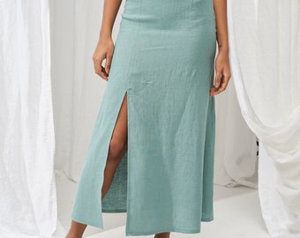 Linen Skirt With Front Slit VALENCIA, Long Linen Skirt, High