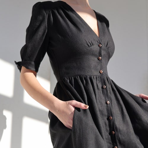 Linen Button-Down Dress: Fit & Flare V-Neck Summer Dress GRACE Linen Button-Down Dress: Fit & Flare V-Neck Summer Dress GRACE