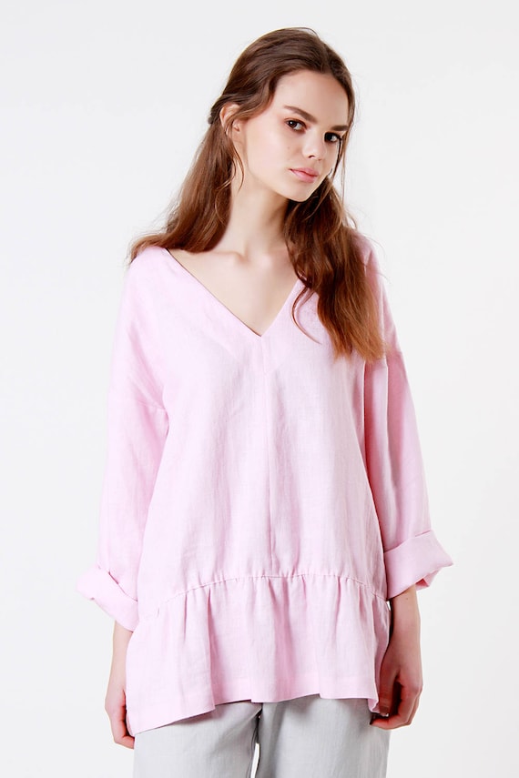 Shell Pink Linen Blouse Linen Top Loose Linen Blouse Custom Etsy