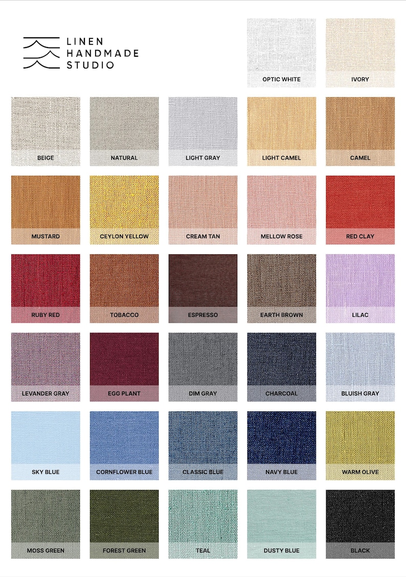 Puede incluir: Muestras de color de Linen Handmade Studio, con una variedad de colores de tela de lino. Los colores incluyen Optic White, Ivory, Beige, Natural, Light Gray, Light Camel, Camel, Mustard, Ceylon Yellow, Cream Tan, Mellow Rose y Red Clay.