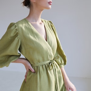 Set Sail Puff Sleeve Wrap Dress - Cotton Linen High Low Hem Dress