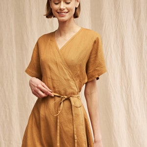 Maxi linen wrap dress DELILAH, Long linen dress, Mustard linen dress, Linen kimono dress with belt, Linen beach dress image 3