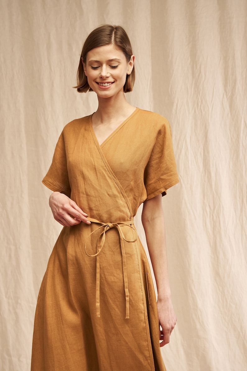 Maxi linen wrap dress DELILAH, Long linen dress, Mustard linen dress, Linen kimono dress with belt, Linen beach dress image 3