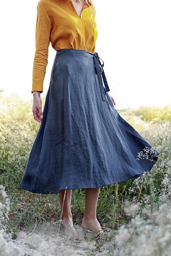 Linen Wrap Skirt FRIDA, Calf Length Linen Skirt, A Line Wrap Skirt,  Charcoal Linen Skirt, Long Linen Skirt for Woman 