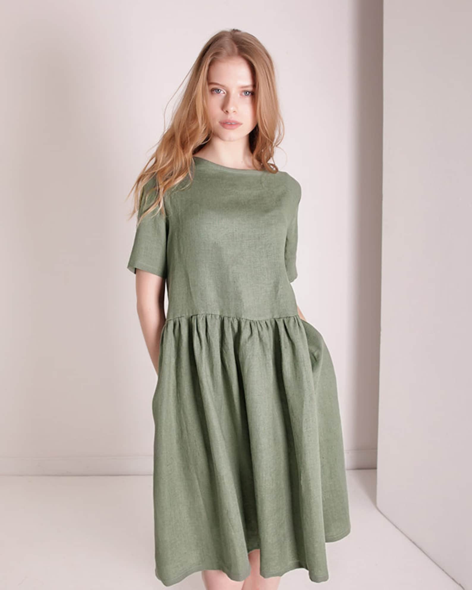 Linen DARLING dress Linen Ruffle Dress Moss Green Linen | Etsy