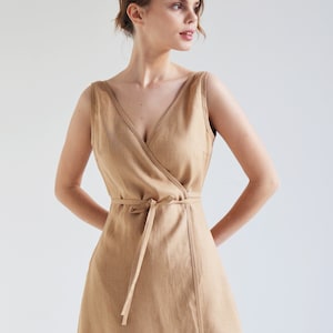 Wrap sleeveless linen dress ROSIE, Fit and flare linen dress, Sleeveless wrap dress, Long summer dress, V neck front and back dress