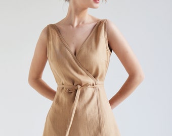 Wrap sleeveless linen dress ROSIE, Fit and flare linen dress, Sleeveless wrap dress, Long summer dress, V neck front and back dress