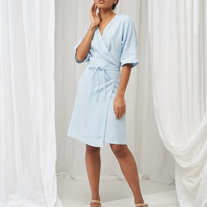 Linen wrap dress NOELLE, Linen dress in available in 27 colors, Linen kimono sleeve dress, Linen wrap dress, Short sleeve knee length dress Sky Blue