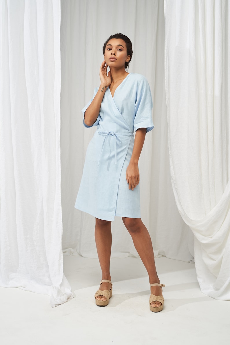 Linen wrap dress NOELLE, Linen dress in available in 27 colors, Linen kimono sleeve dress, Linen wrap dress, Short sleeve knee length dress Sky Blue