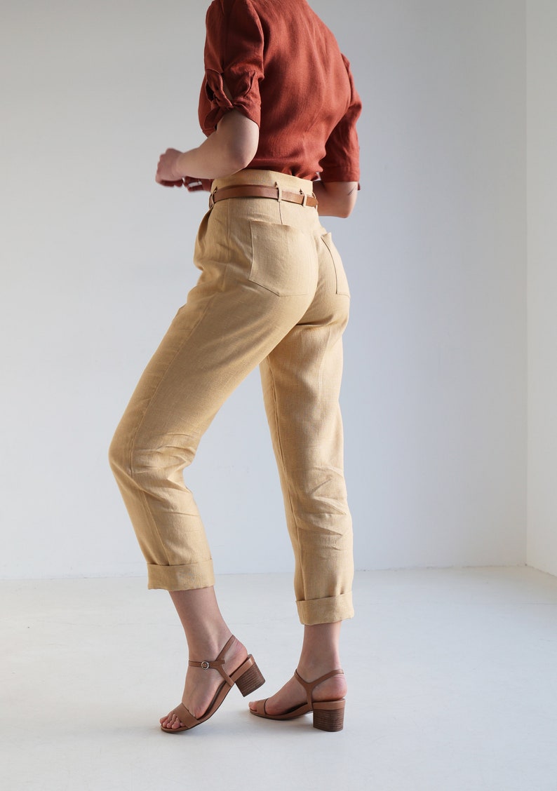High waisted linen pants CHICAGO, Tapered linen pants, Linen pants for woman, Linen pants folded at the bottom, Vintage inspired pants image 4