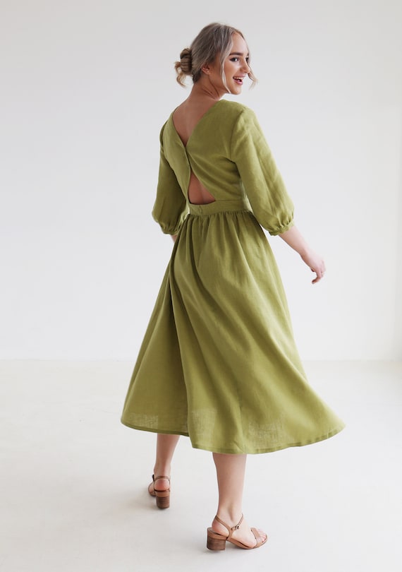 Linnen bladerdeeg mouw jurk MADELEINE kuit lengte V hals jurk Open rug jurk voor vrouw A lijn jurk Jurk voor vrouwen bruiloft gast Etsy Nederland