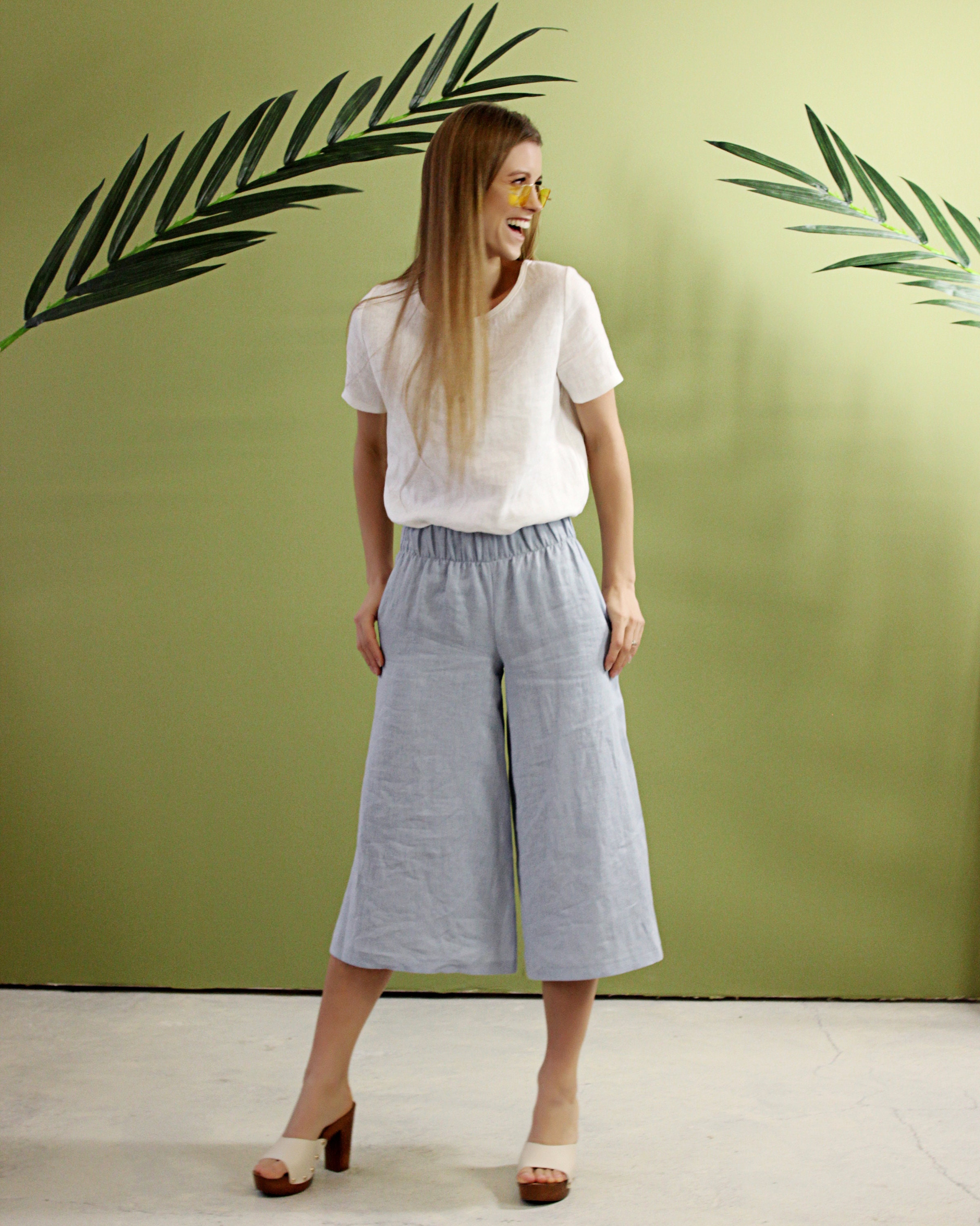 Linen Culotte Pants SIENNA, Linen Pants With Elastic Waistband