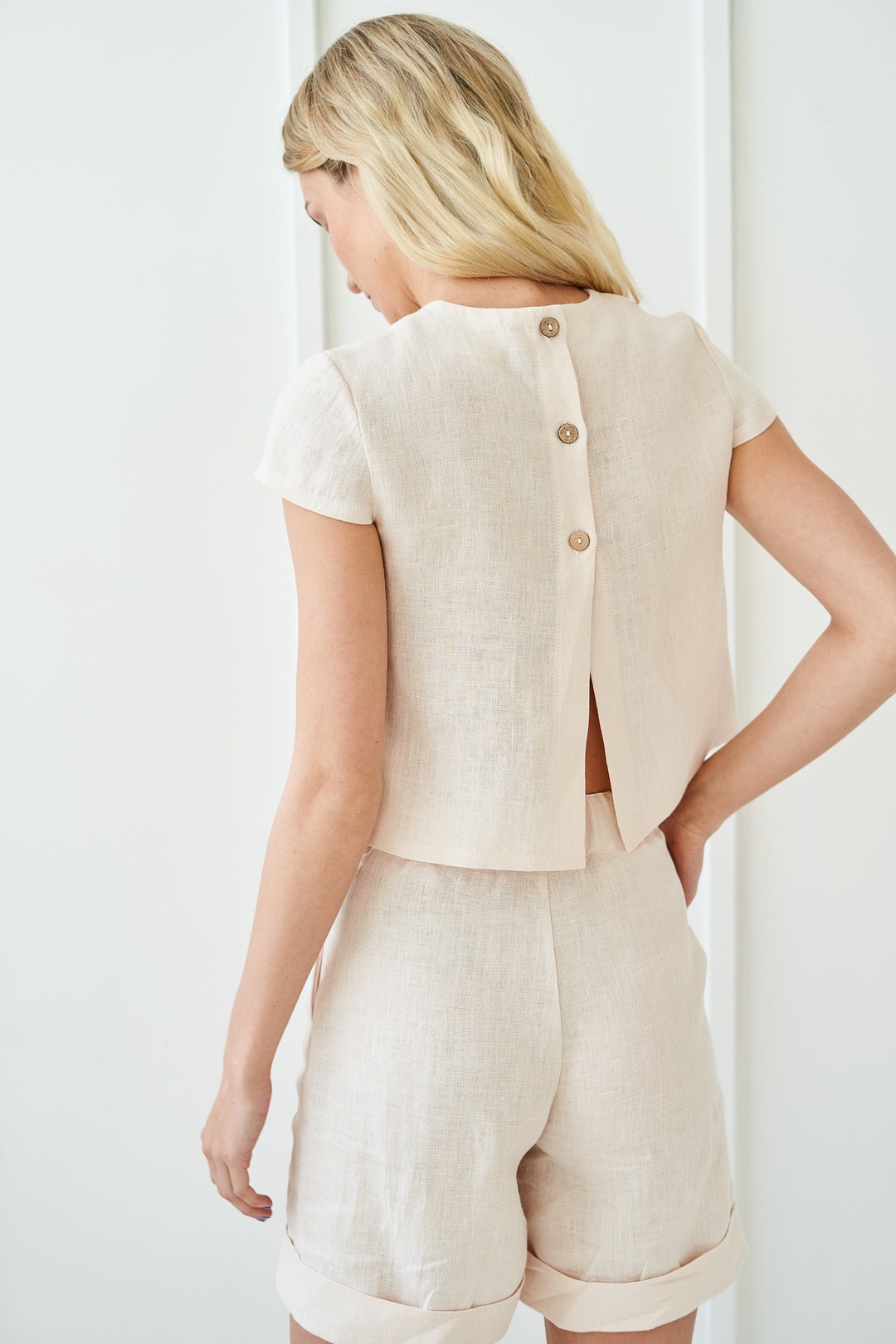 Linen Button Back Shirt AMELIA Linen Crop Top Linen Top - Etsy
