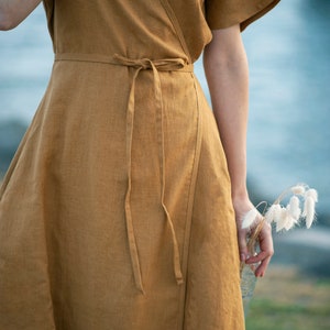 Maxi linen wrap dress DELILAH, Long linen dress, Mustard linen dress, Linen kimono dress with belt, Linen beach dress image 7
