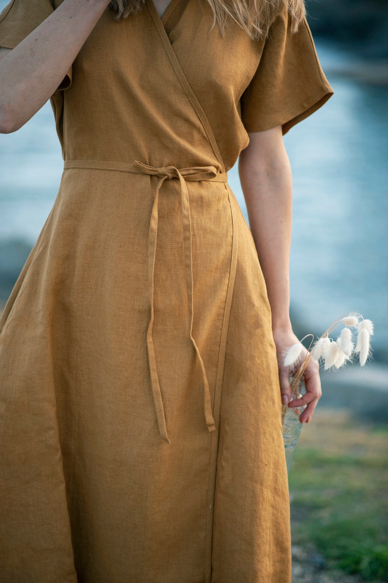 Maxi linen wrap dress DELILAH Long linen dress Mustard linen | Etsy