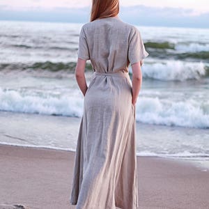 Wrap maxi dress DELILAH, Natural linen dress, Linen kimono dress with belt image 4