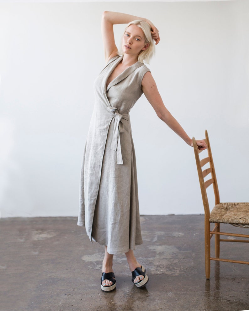 Wrap maxi dress SERENA, Linen wrap dress, Sleeveless linen dress Natural