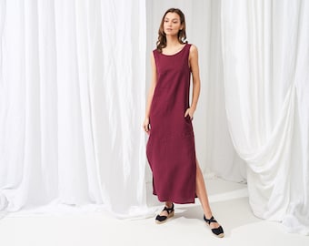 Linen Maxi Dress ASTRID: Open Back Tank Dress with Pockets
