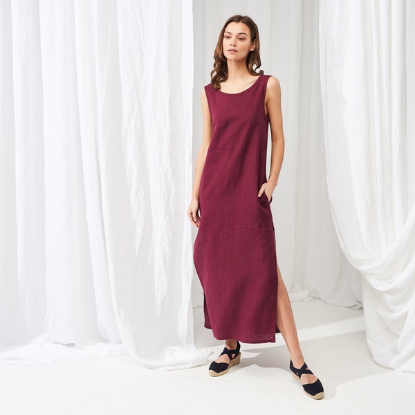 Vestido Maxi de Linho ASTRID: Vestido Regata com Costas Abertas e Bolsos