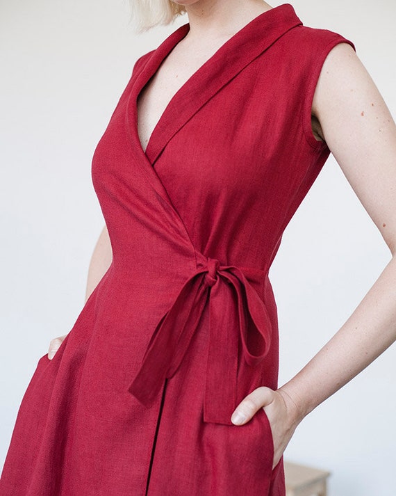 red linen wrap dress