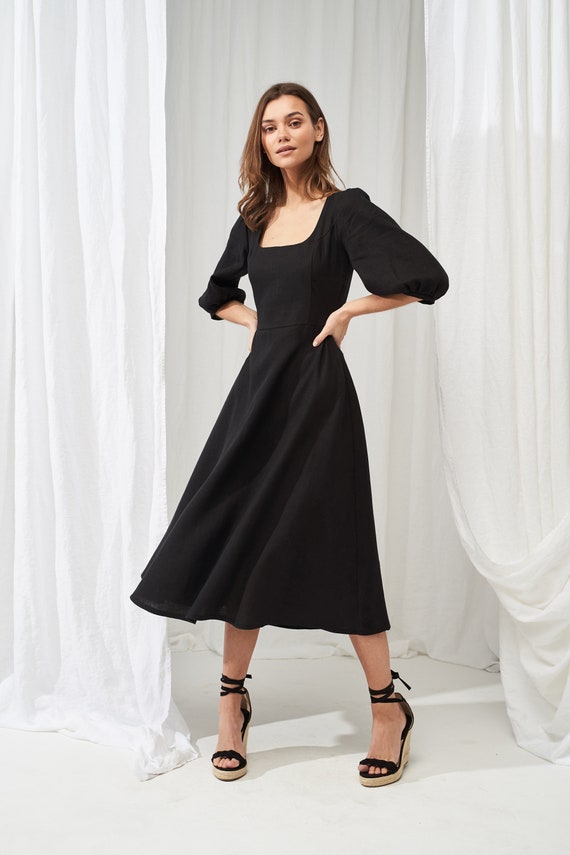 linen Puff sleeve dress AURORA in midi length, Square neck dress , Vintage inspired linen dress, Puff sleeve linen midi dress, A line dress