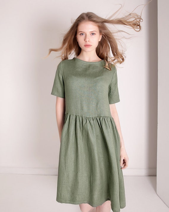 Leinen Darling Kleid Leinen Ruschen Kleid Moos Grun Leinen Etsy
