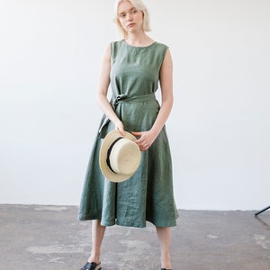 Linen A line dress CHLOE, Long linen dress, Black linen dress, Dress with belt Moss Green