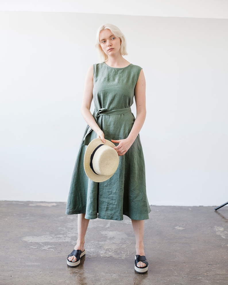 Linen A line dress CHLOE, Long linen dress, Black linen dress, Dress with belt Moss Green