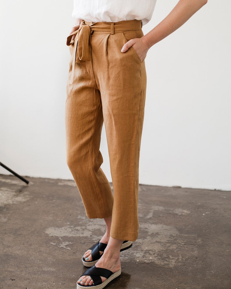 Linen pants with belt DAKOTA, Linen pants for woman, Laundered linen pants, Natural handmade linen trousers, Linen cigarette pant image 1