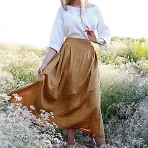 Linen skirt FLORENCE, Maxi linen skirt, Mustard linen skirt, Linen skirt with pockets, Linen maxi skirt, Ruffled back skirt image 4