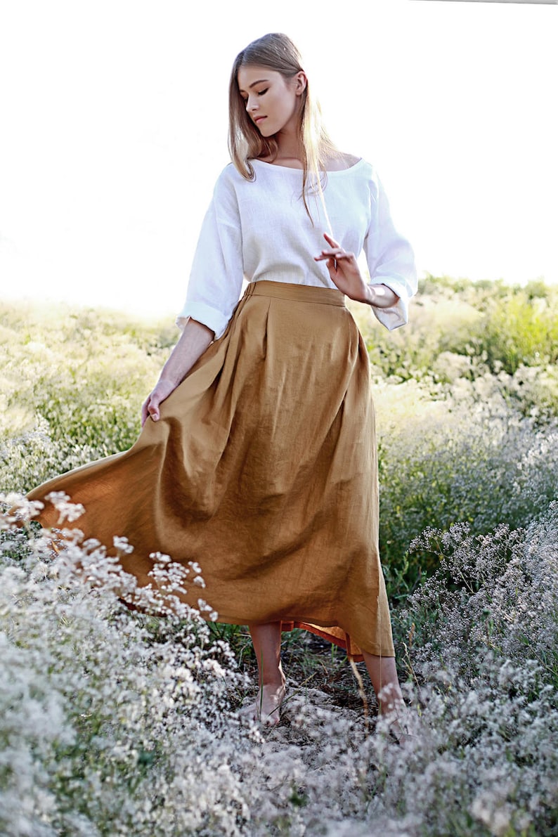 Linen skirt FLORENCE, Maxi linen skirt, Mustard linen skirt, Linen skirt with pockets, Linen maxi skirt, Ruffled back skirt image 4