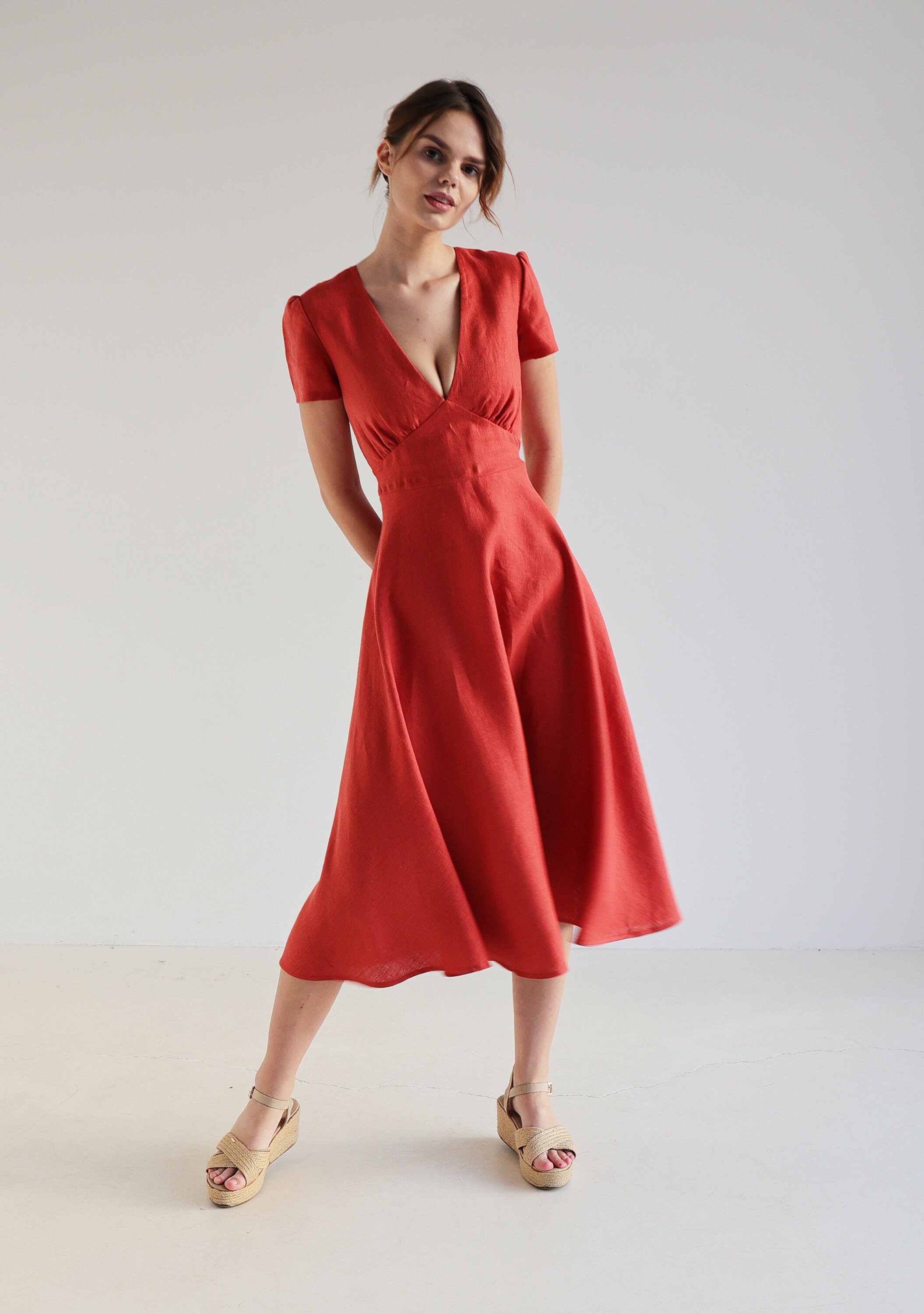 Deep V Neck Linen Dress SICILY Cup Sleeve Linen Dress Tailored