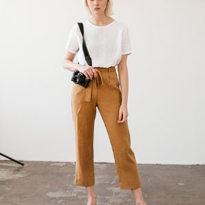 Linen pants with belt DAKOTA, Linen pants for woman, Laundered linen pants, Natural handmade linen trousers, Linen cigarette pant image 4