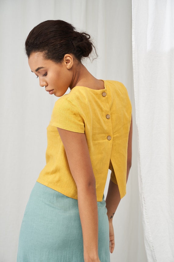 Linen Button Back Shirt AMELIA, Linen Crop Top, Linen Top Short