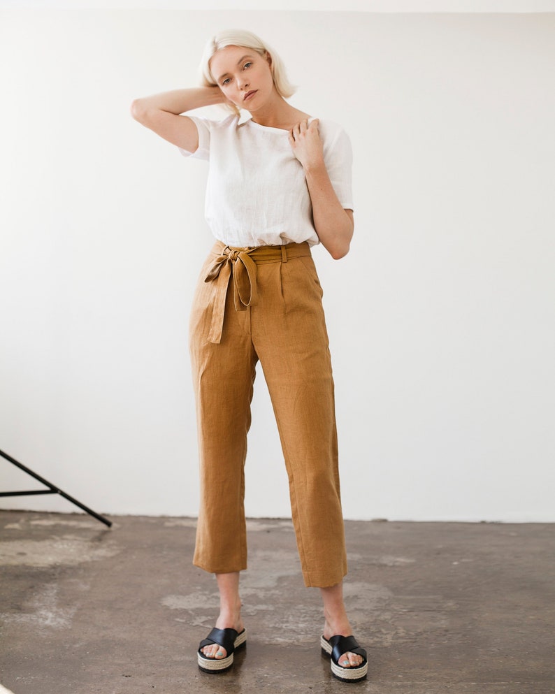 Linen pants with belt DAKOTA, Linen pants for woman, Laundered linen pants, Natural handmade linen trousers, Linen cigarette pant image 2