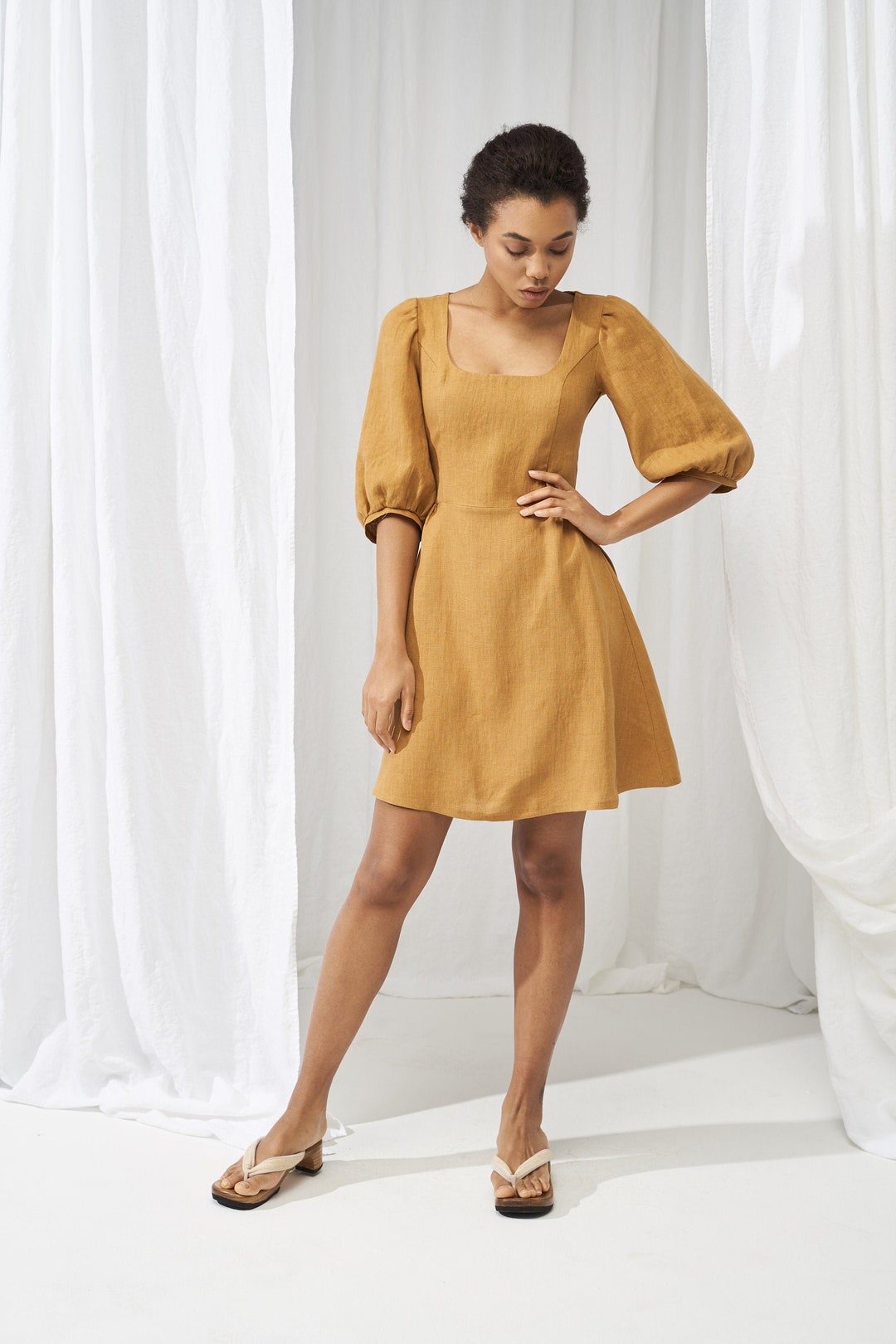 Linen Puff Sleeve Dress AURORA in Mini Length Square Neck - Etsy