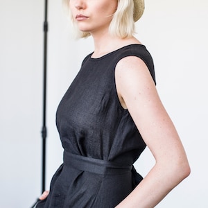 Linen A line dress CHLOE, Long linen dress, Black linen dress, Dress with belt image 2