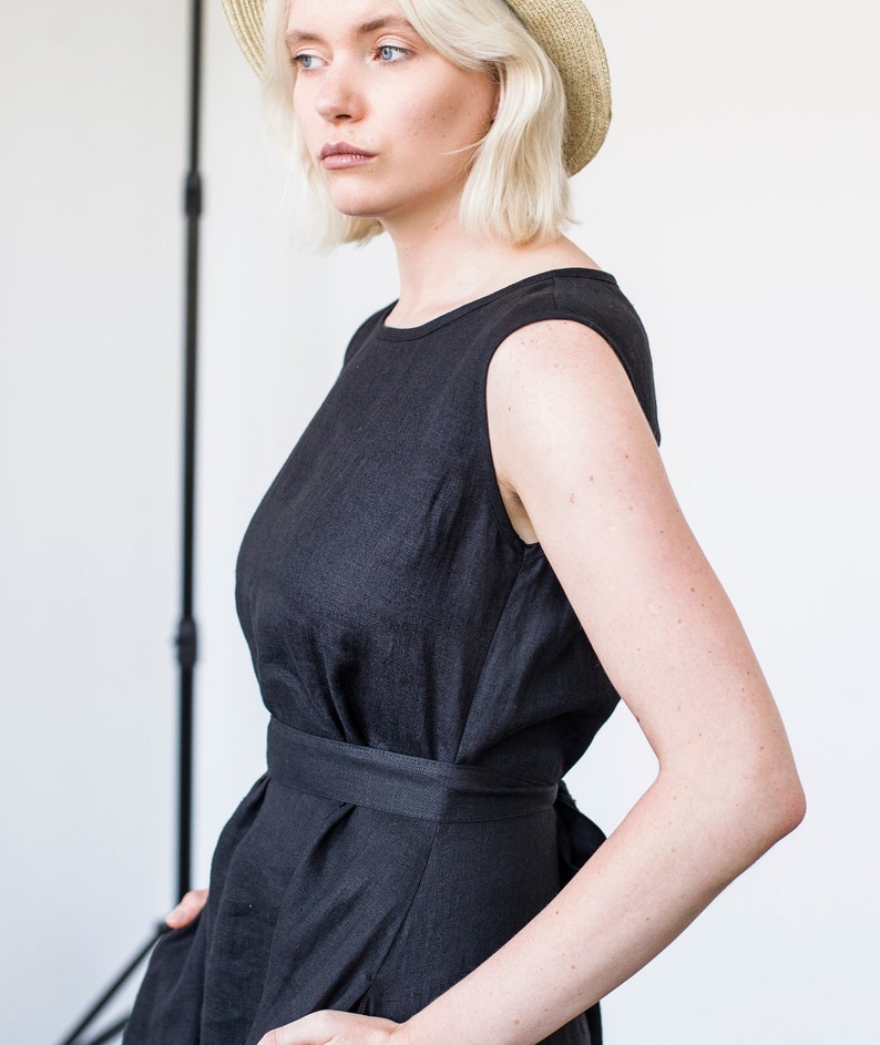 Linen A line dress CHLOE, Long linen dress, Black linen dress, Dress with belt image 2