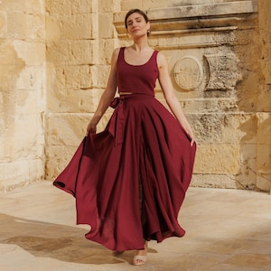 Falda larga de lino KESIAH: falda cruzada de cintura alta con abertura