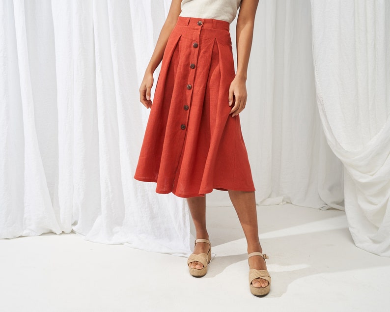 Button front linen skirt BRINY, Midi skirt for woman, Mustard Linen Skirt, Vintage inspired linen skirt A line skirt, Handmade in Lithuania image 1
